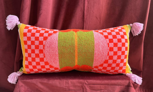 Vintage towel throw pillow: pink & red checkers