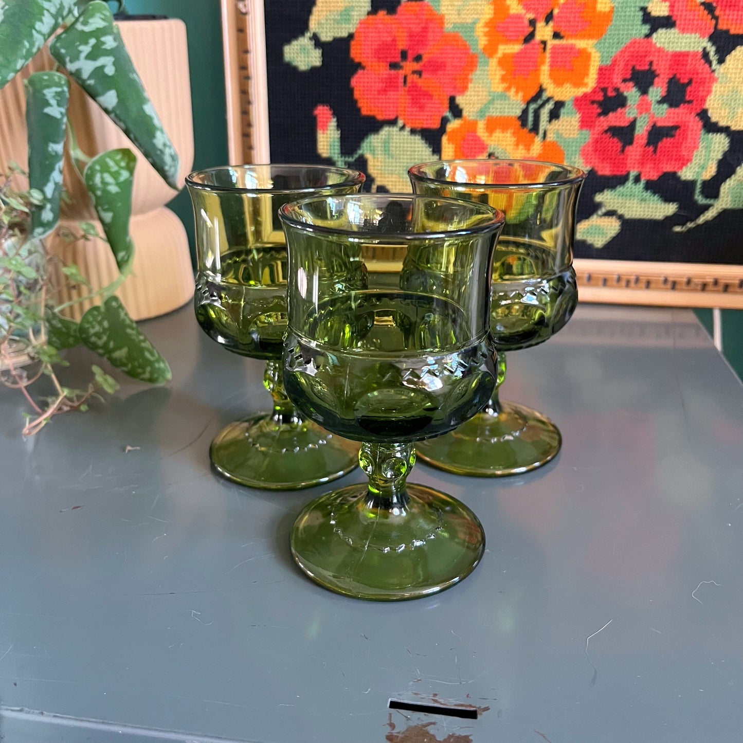 Vintage Indiana Glass "King's Crown" glasses in avocado green (sets of 2)