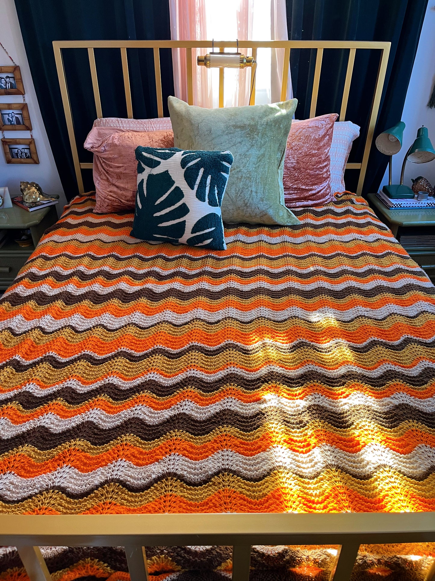 Crocheted orange, yellow and brown chevron retro throw blanket