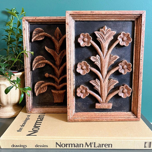 Carved wood floral wall hangings - No Kill Vintage