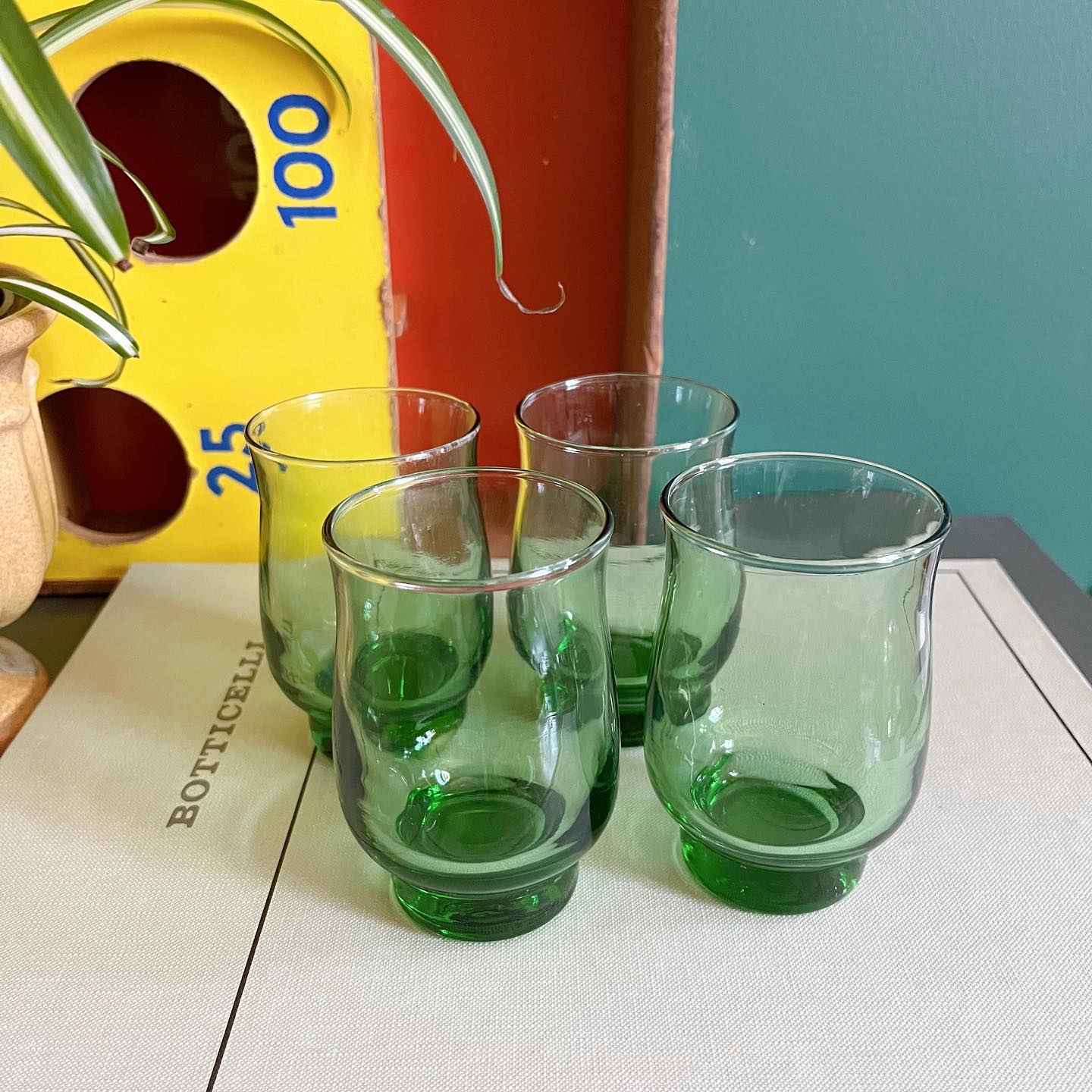 Set of four green juice glasses by Dominion Glass - No Kill Vintage