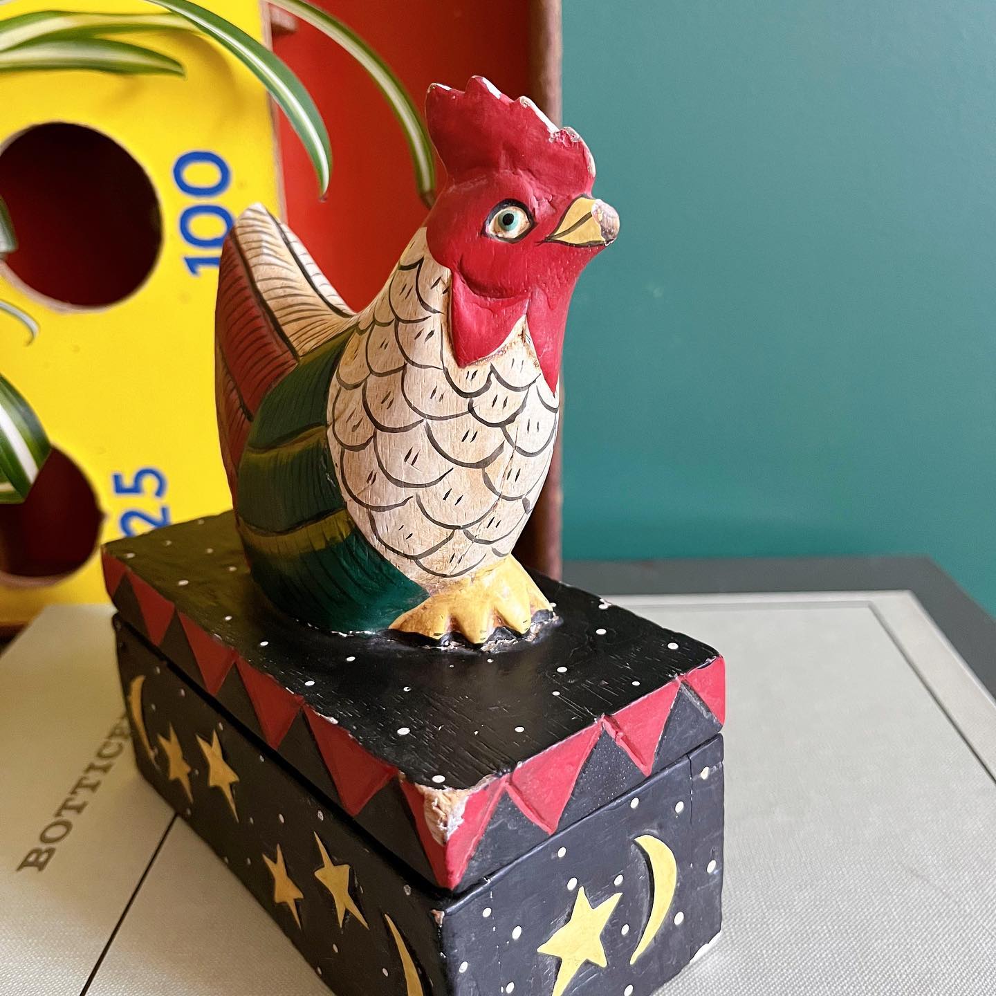 Wooden celestial rooster trinket box - No Kill Vintage