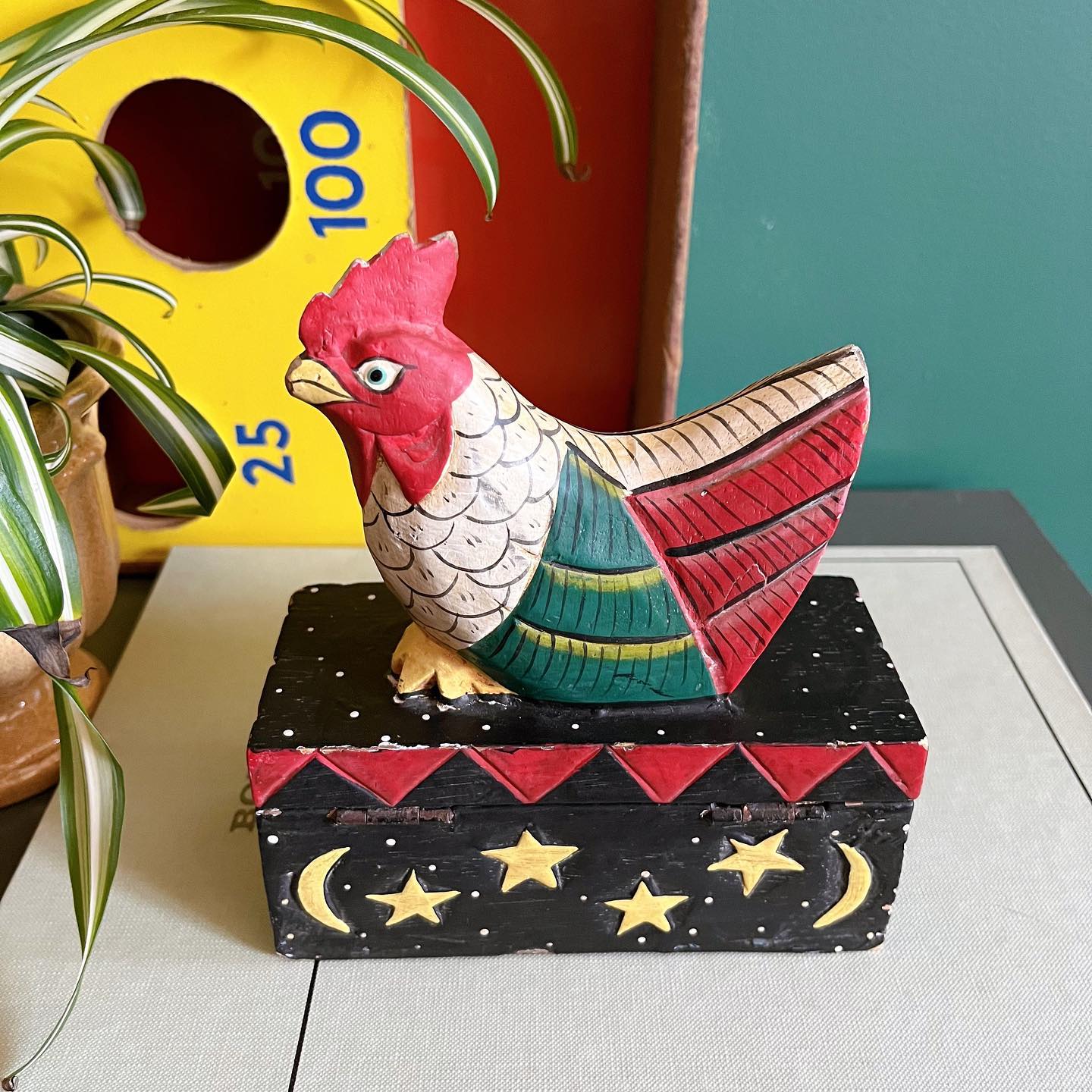 Wooden celestial rooster trinket box - No Kill Vintage