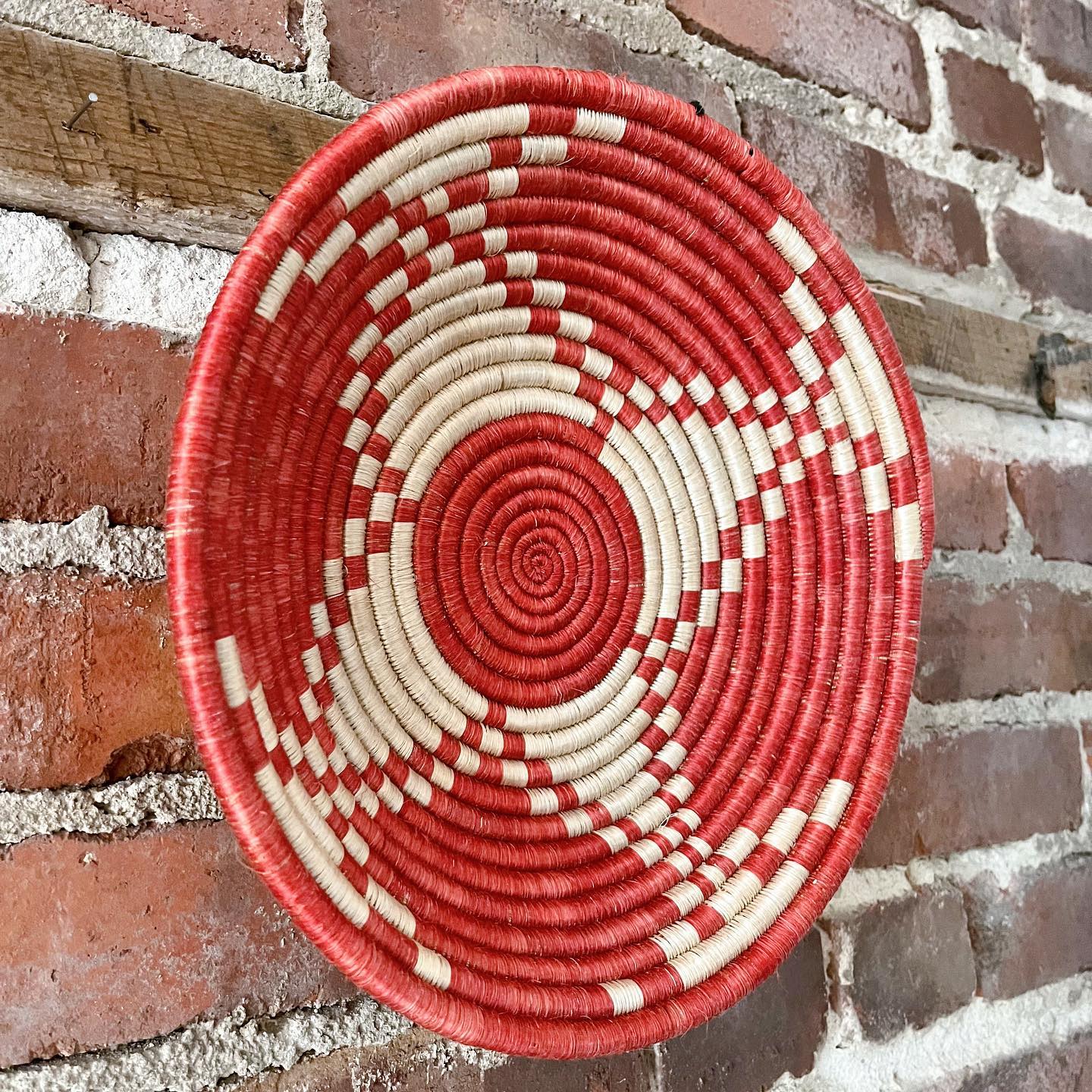 Red and white geometric patterned basket - No Kill Vintage