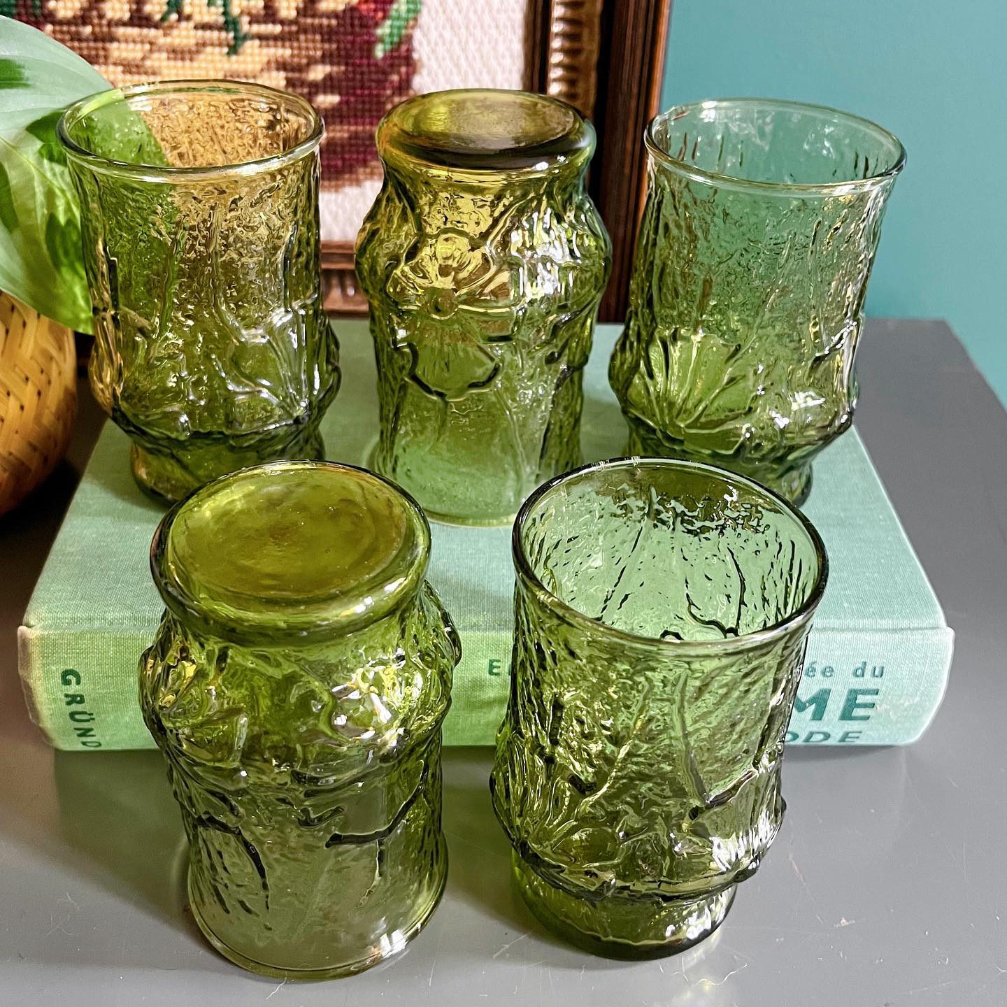 Anchor Hocking "Rainflower" green juice glasses - No Kill Vintage