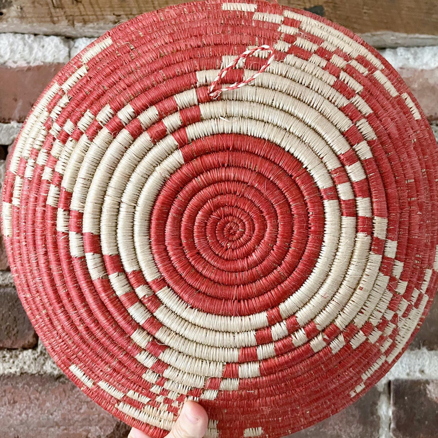 Red and white geometric patterned basket - No Kill Vintage