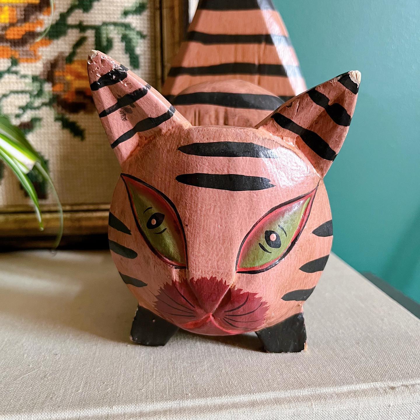 Pink striped wooden cat letter holder - No Kill Vintage