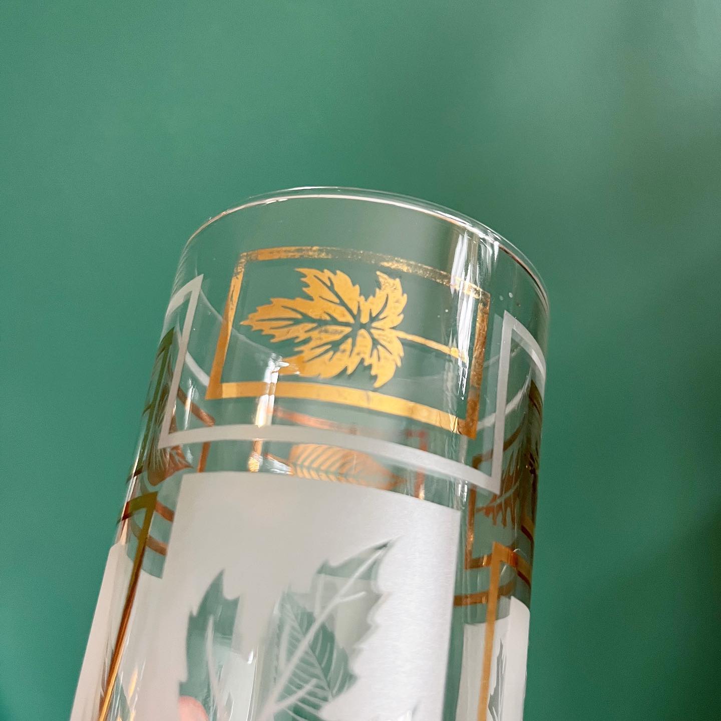 Gold & frosted glass leaf highball glasses by Dominion Glass