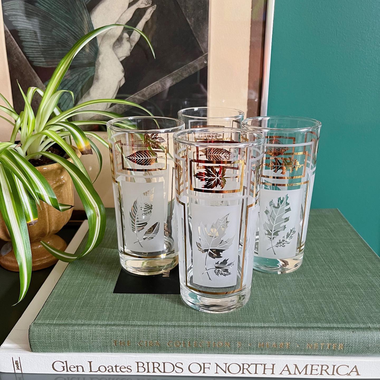 Gold & frosted glass leaf highball glasses by Dominion Glass