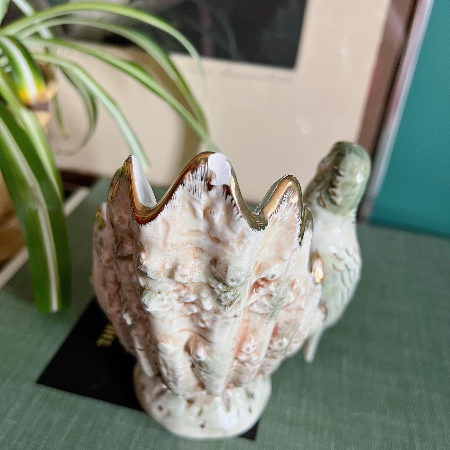 Parakeet and seashell candleholders, made in Japan