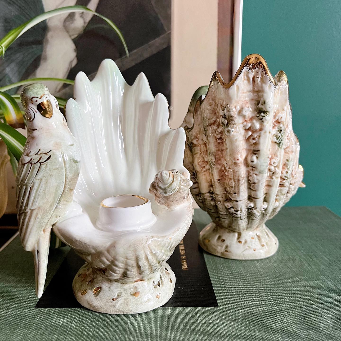 Parakeet and seashell candleholders, made in Japan