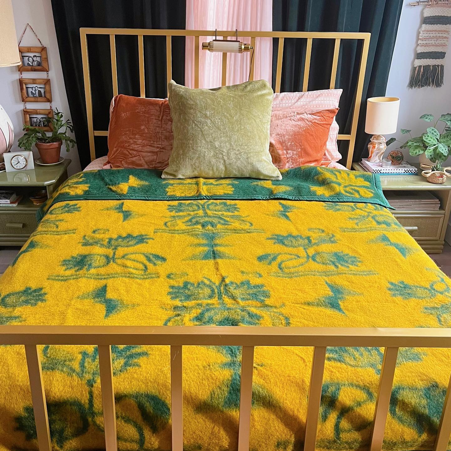 Green and yellow wool floral blanket