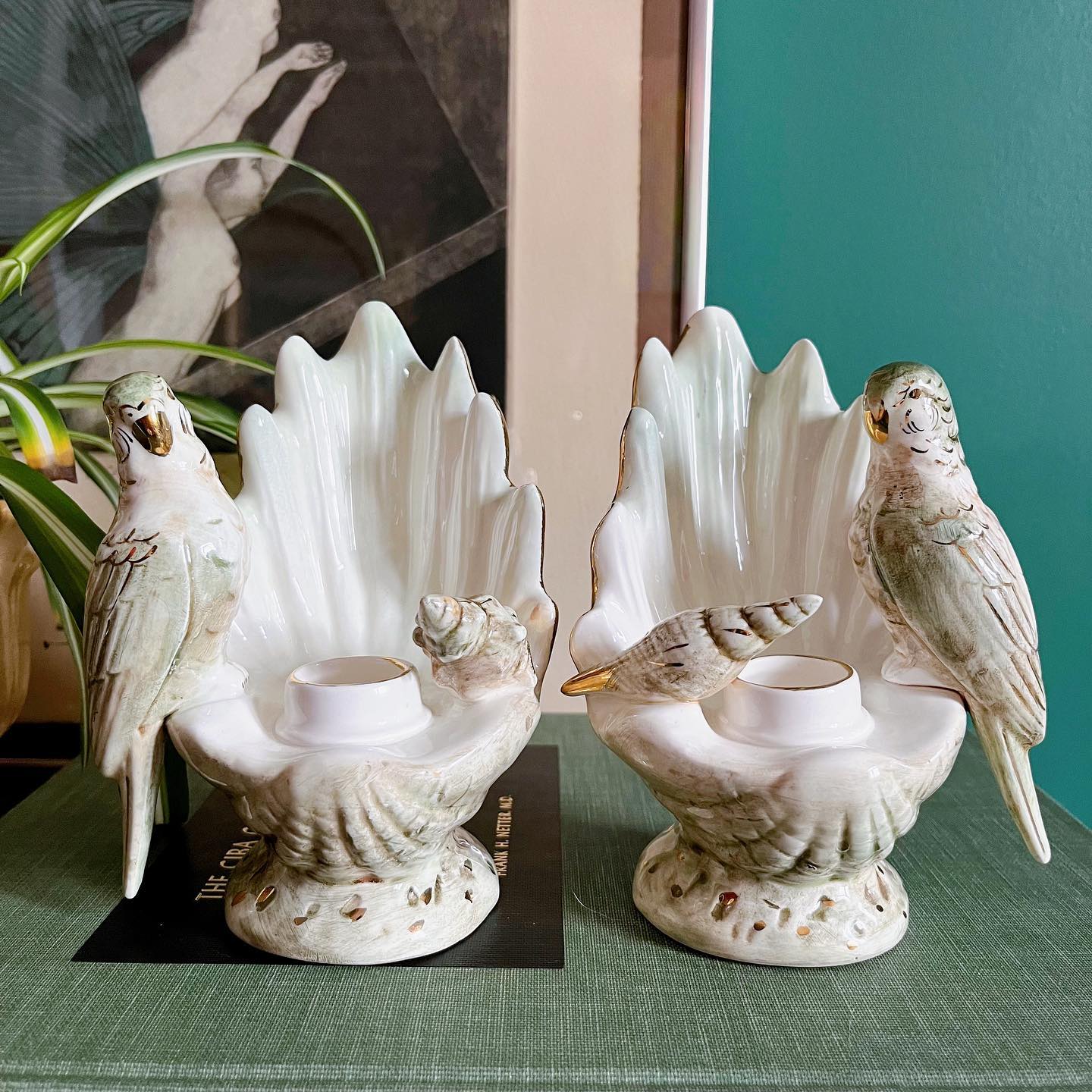 Parakeet and seashell candleholders, made in Japan