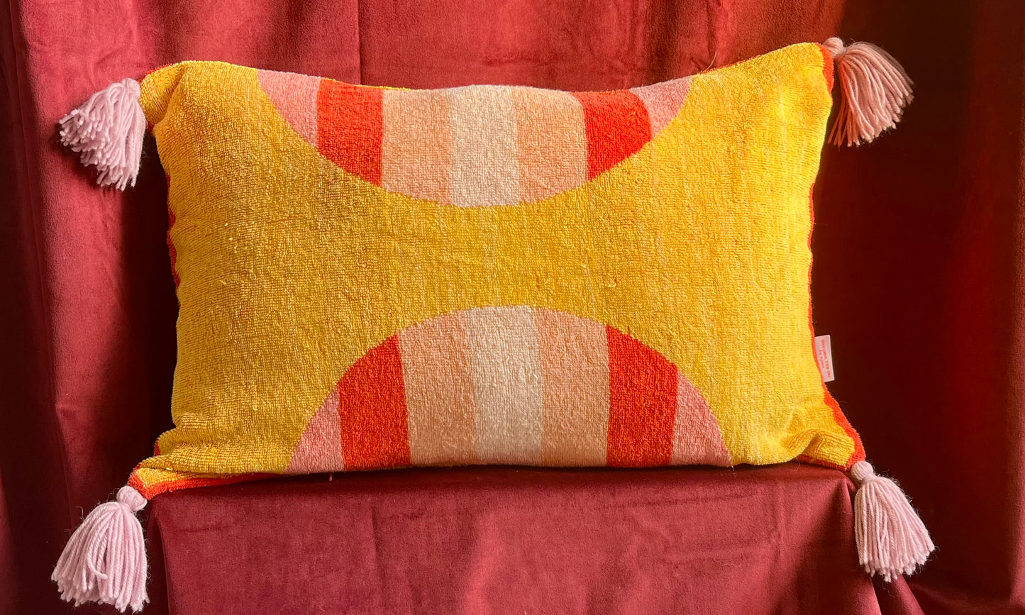 Vintage towel throw pillow: mod pink, red & yellow