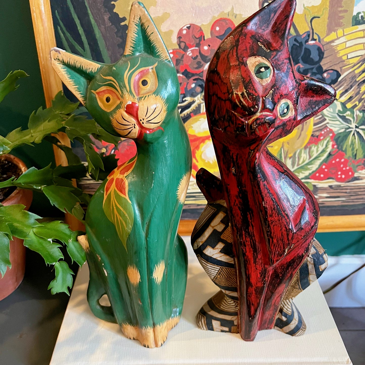 Painted folk art wooden cats