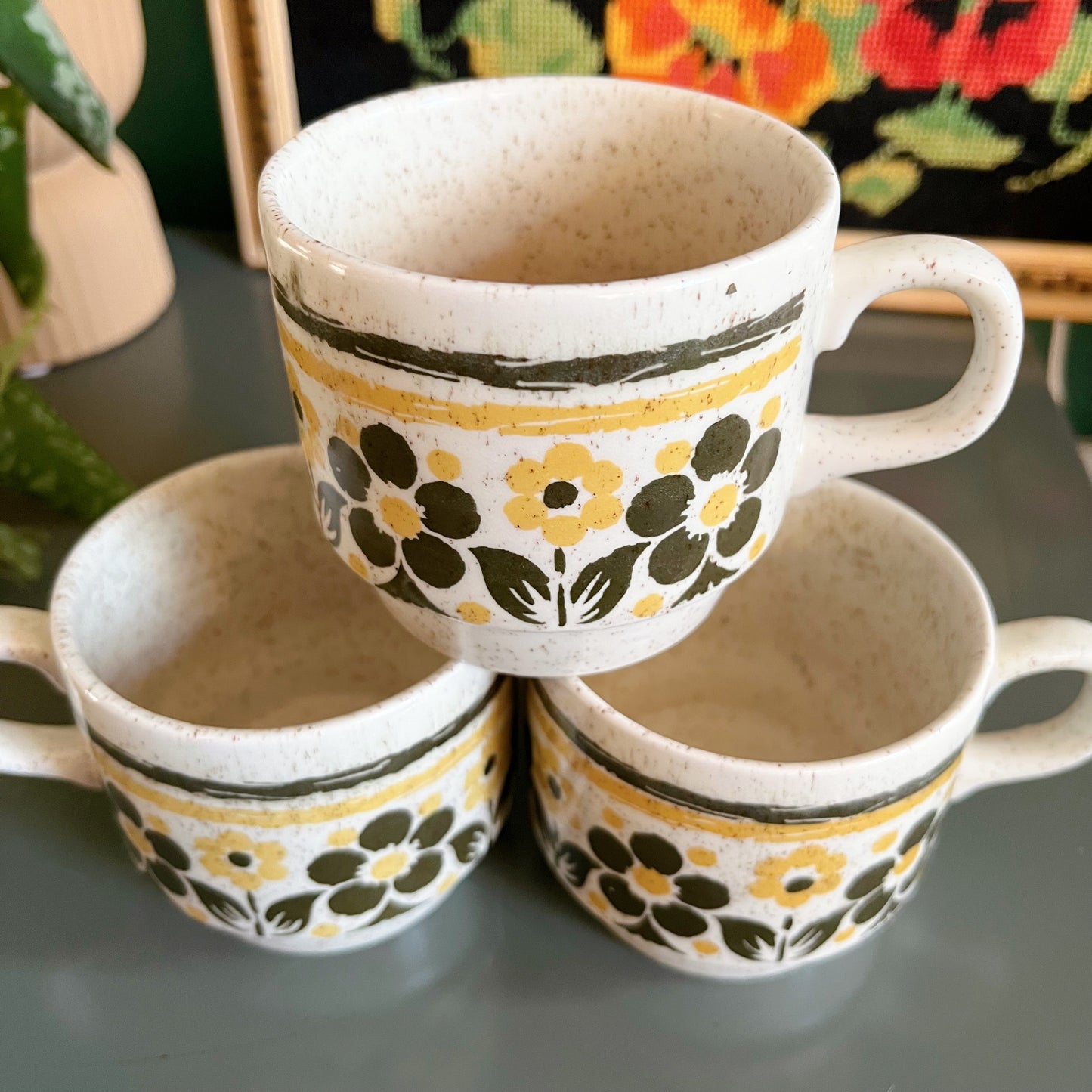 1970s Bilton mugs with retro yellow and brown flowers