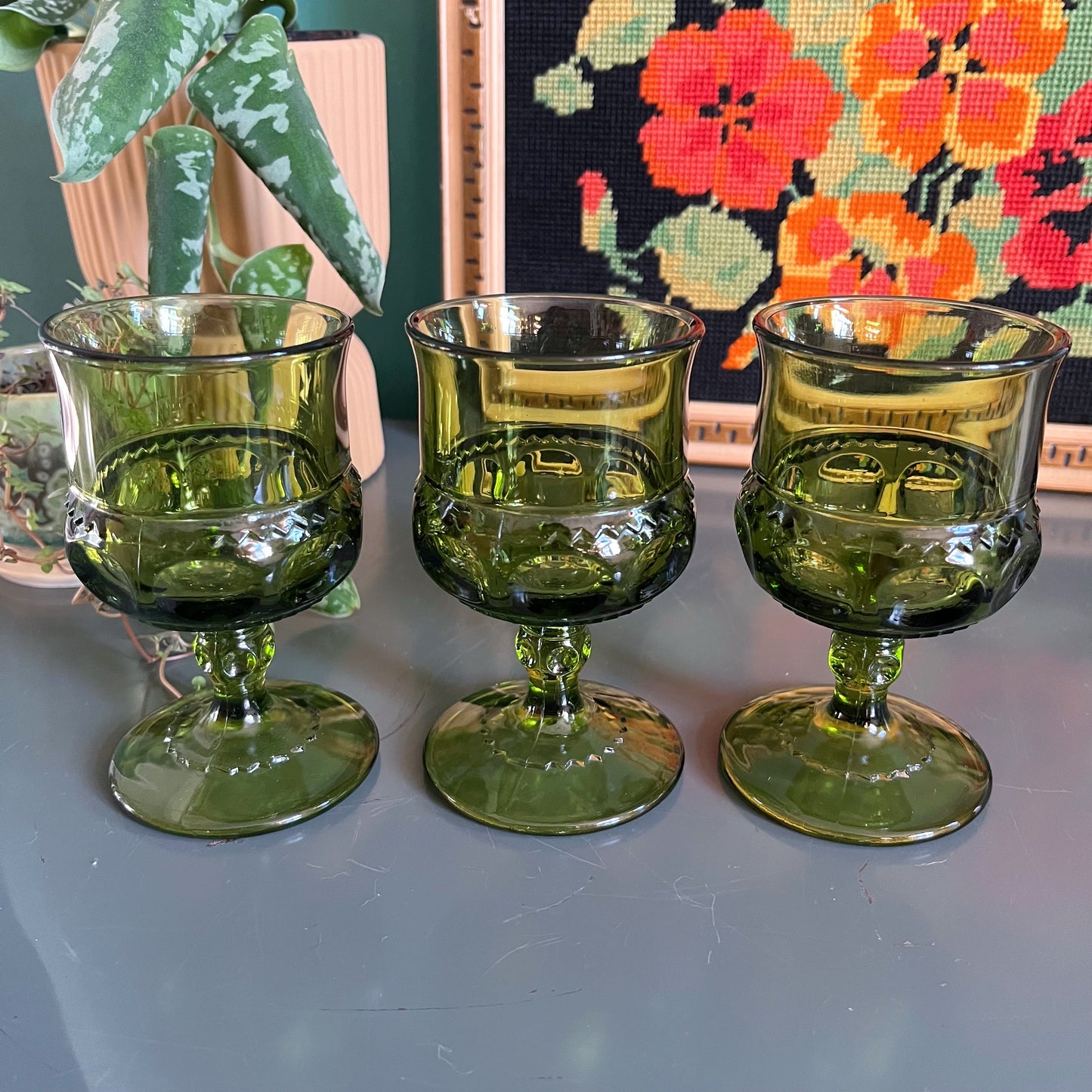 Vintage Indiana Glass "King's Crown" glasses in avocado green (sets of 2)