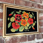 Bright floral needlepoint on black background