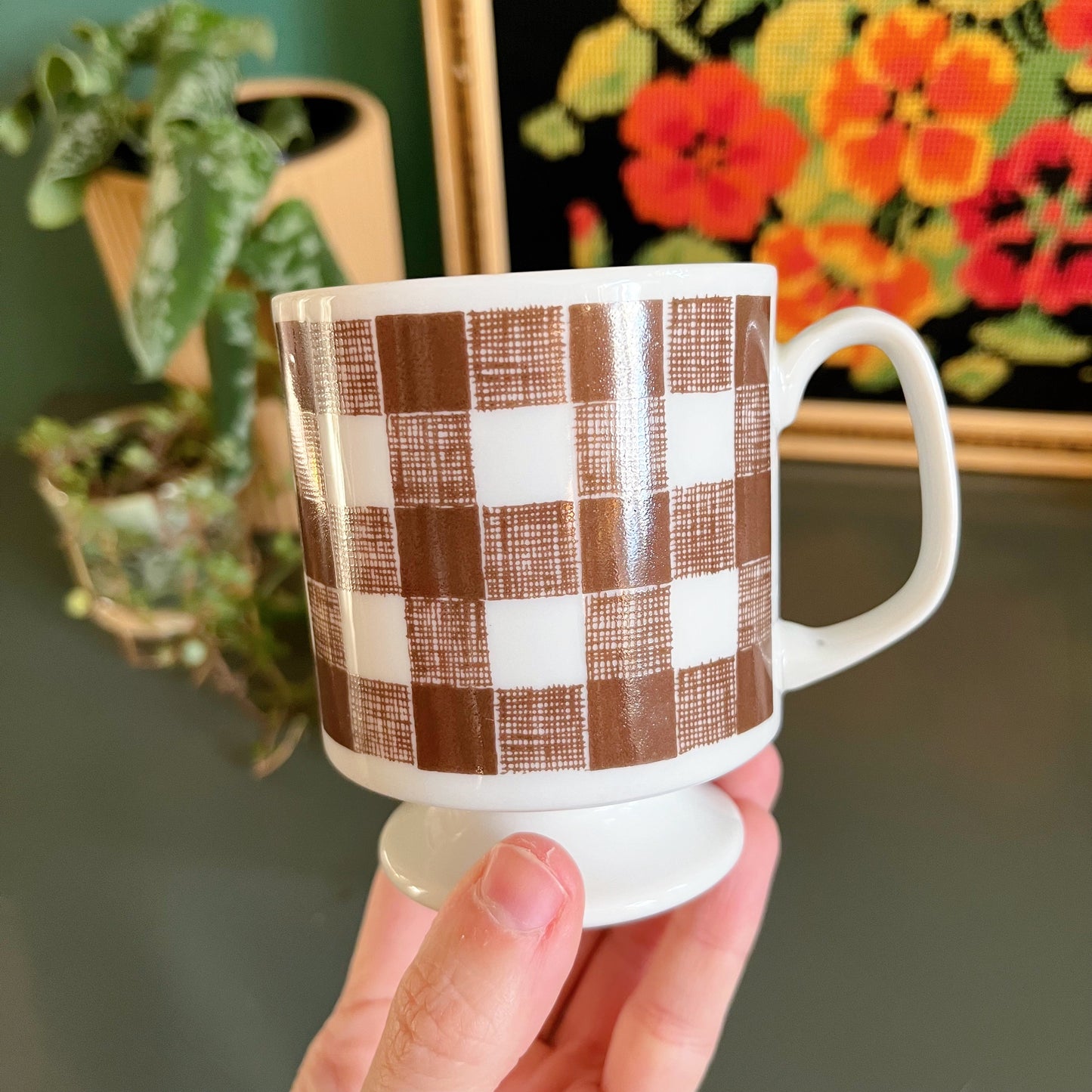 Brown and white gingham checker mugs