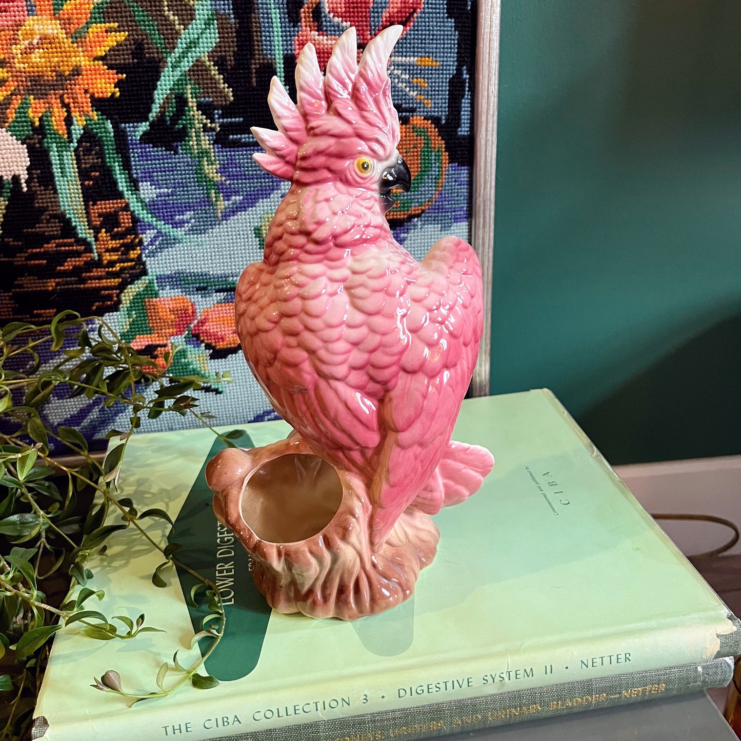 Pink ceramic cockatiel planter