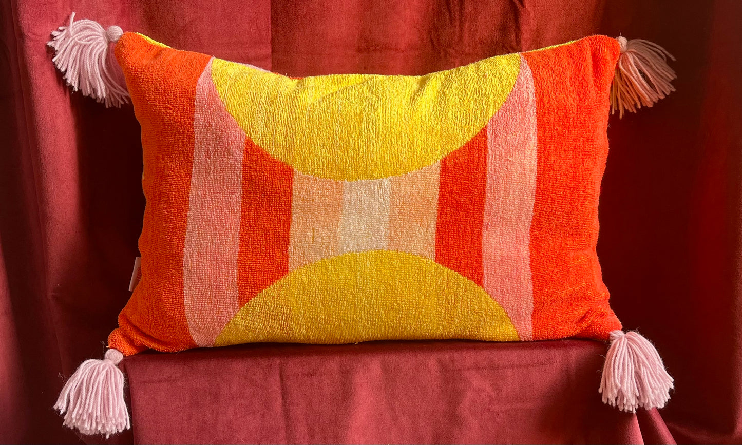 Vintage towel throw pillow: mod pink, red & yellow