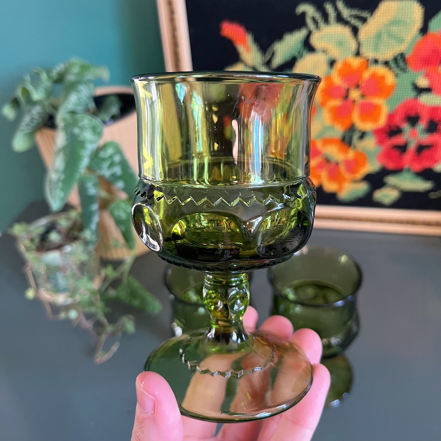 Vintage Indiana Glass "King's Crown" glasses in avocado green (sets of 2)