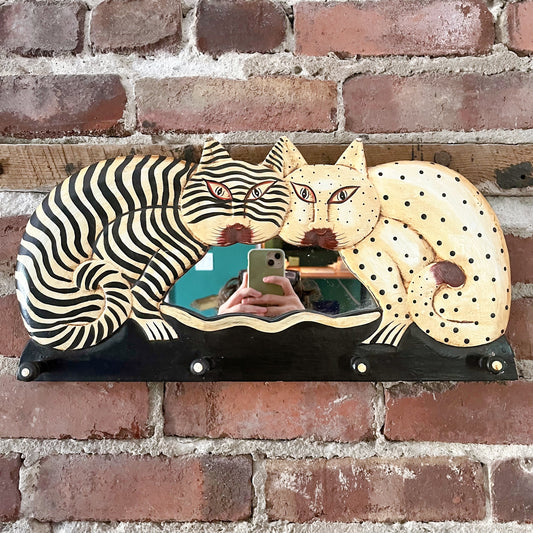 Wooden wall rack with pair of painted cats