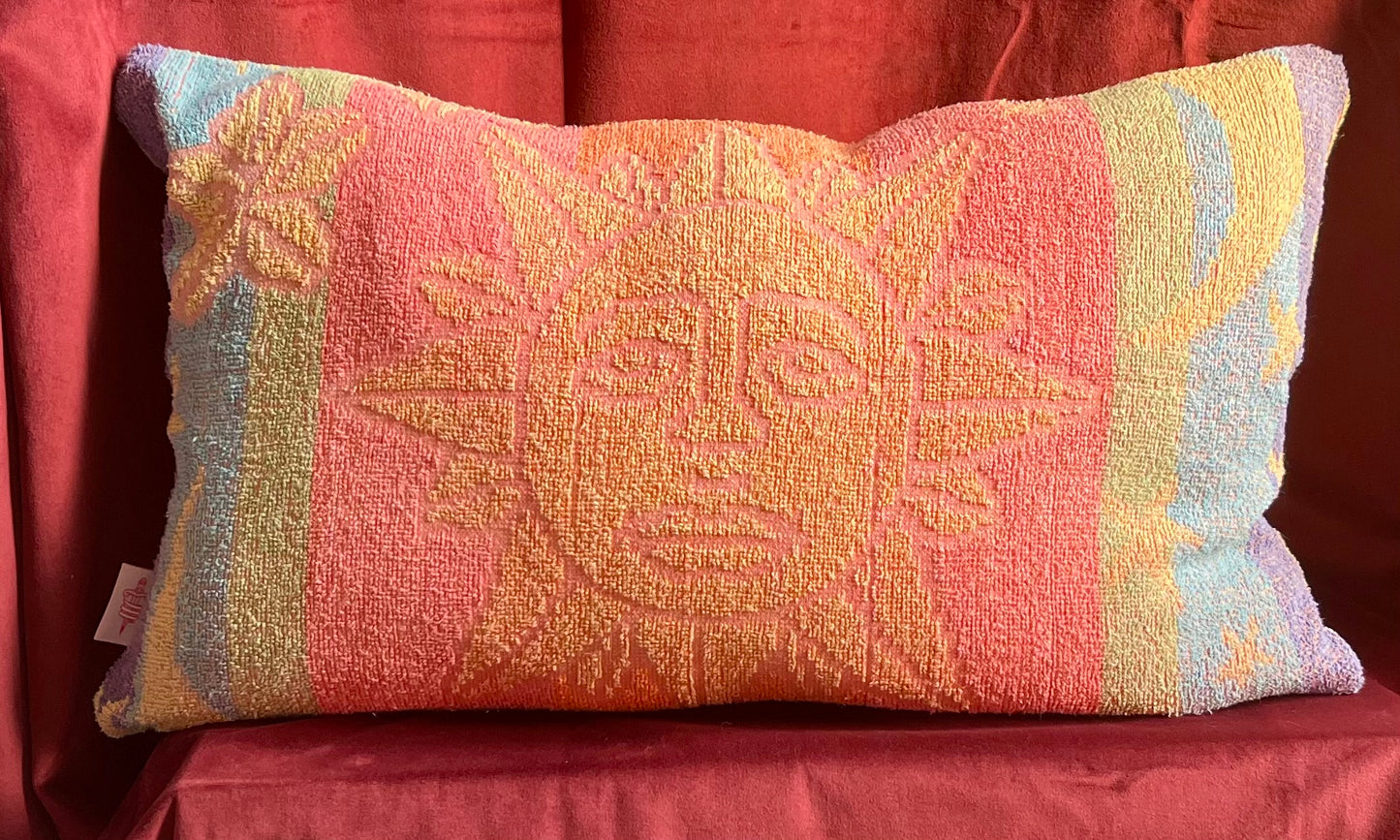 Vintage towel throw pillow: pastel suns