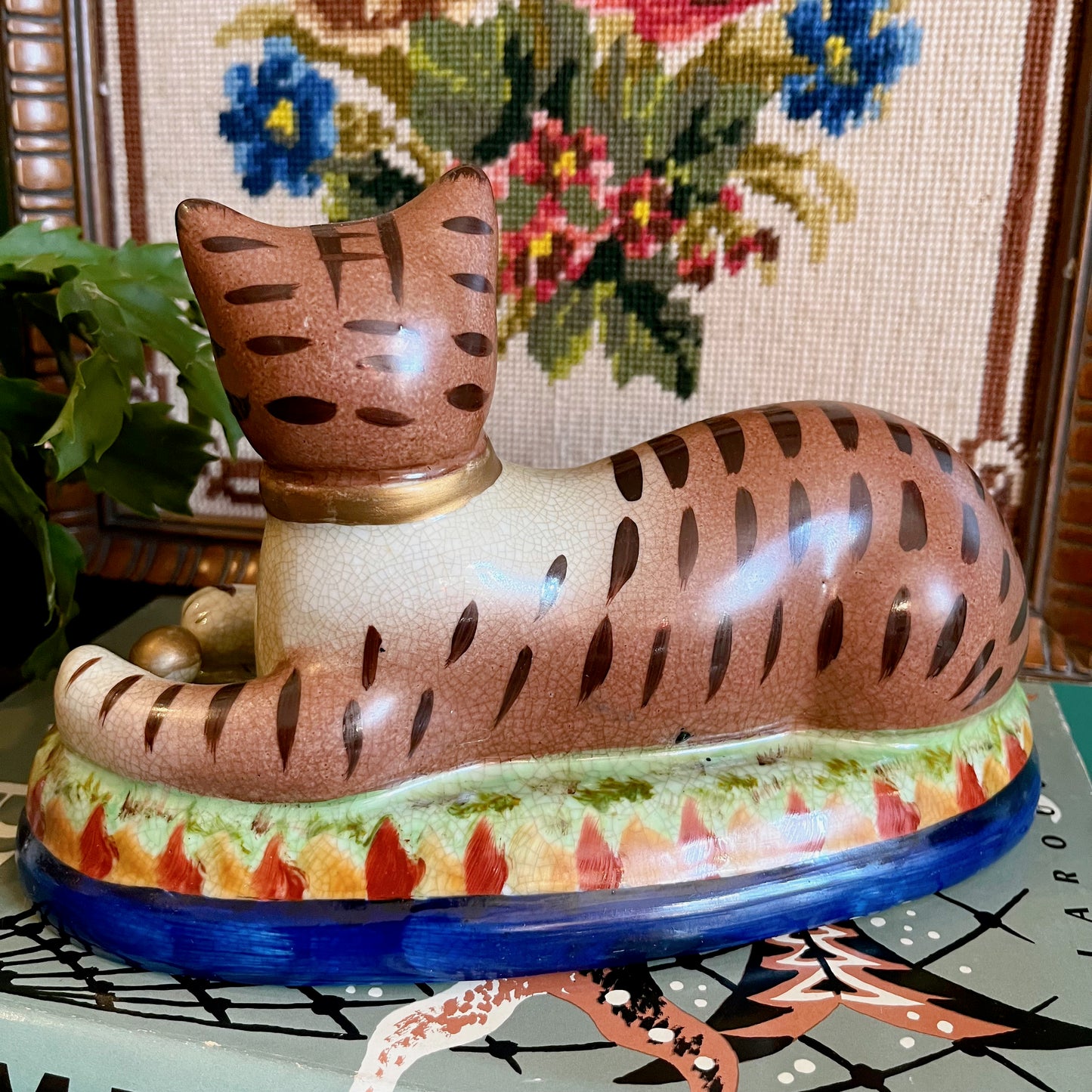 Pair of Staffordshire-style recumbent ceramic cats