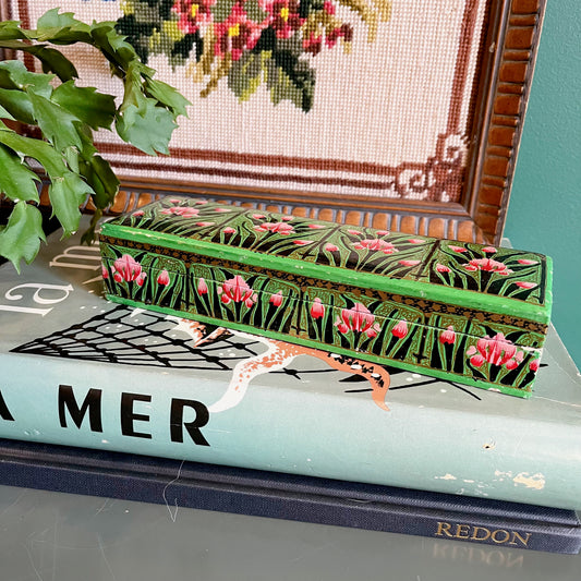 Green hand-painted floral wooden box with lid