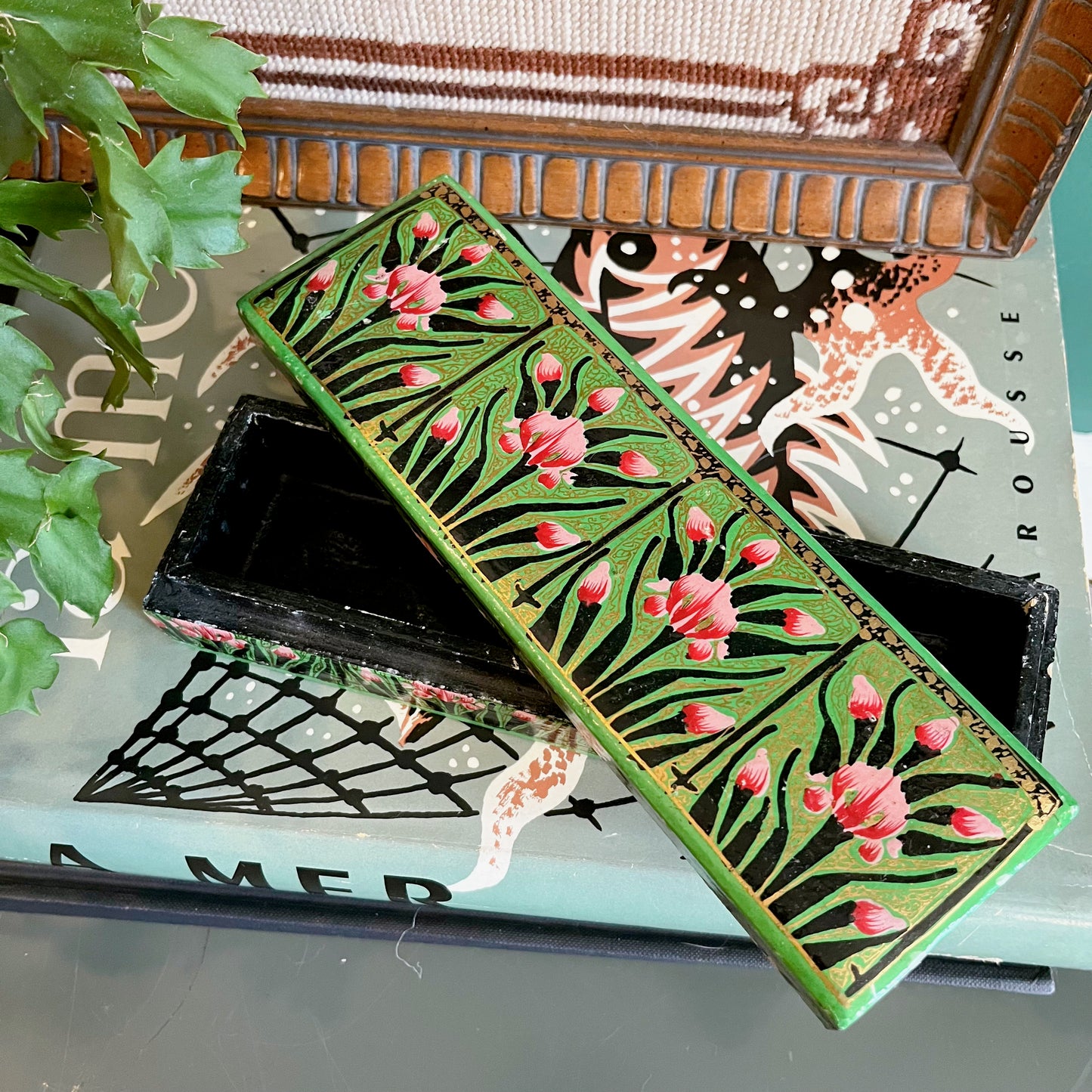 Green hand-painted floral wooden box with lid