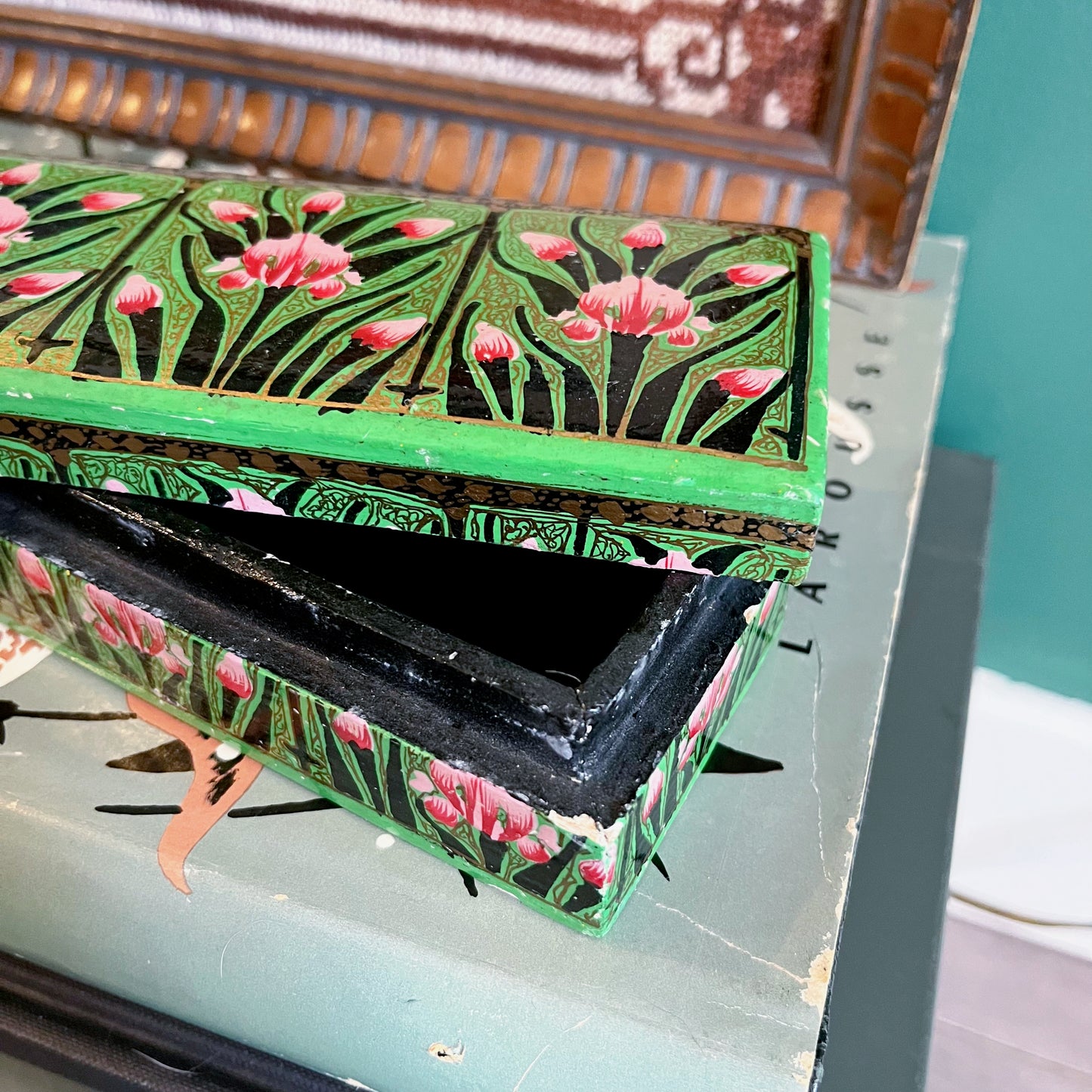 Green hand-painted floral wooden box with lid