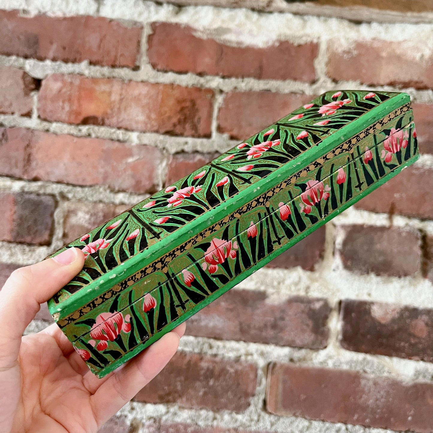 Green hand-painted floral wooden box with lid