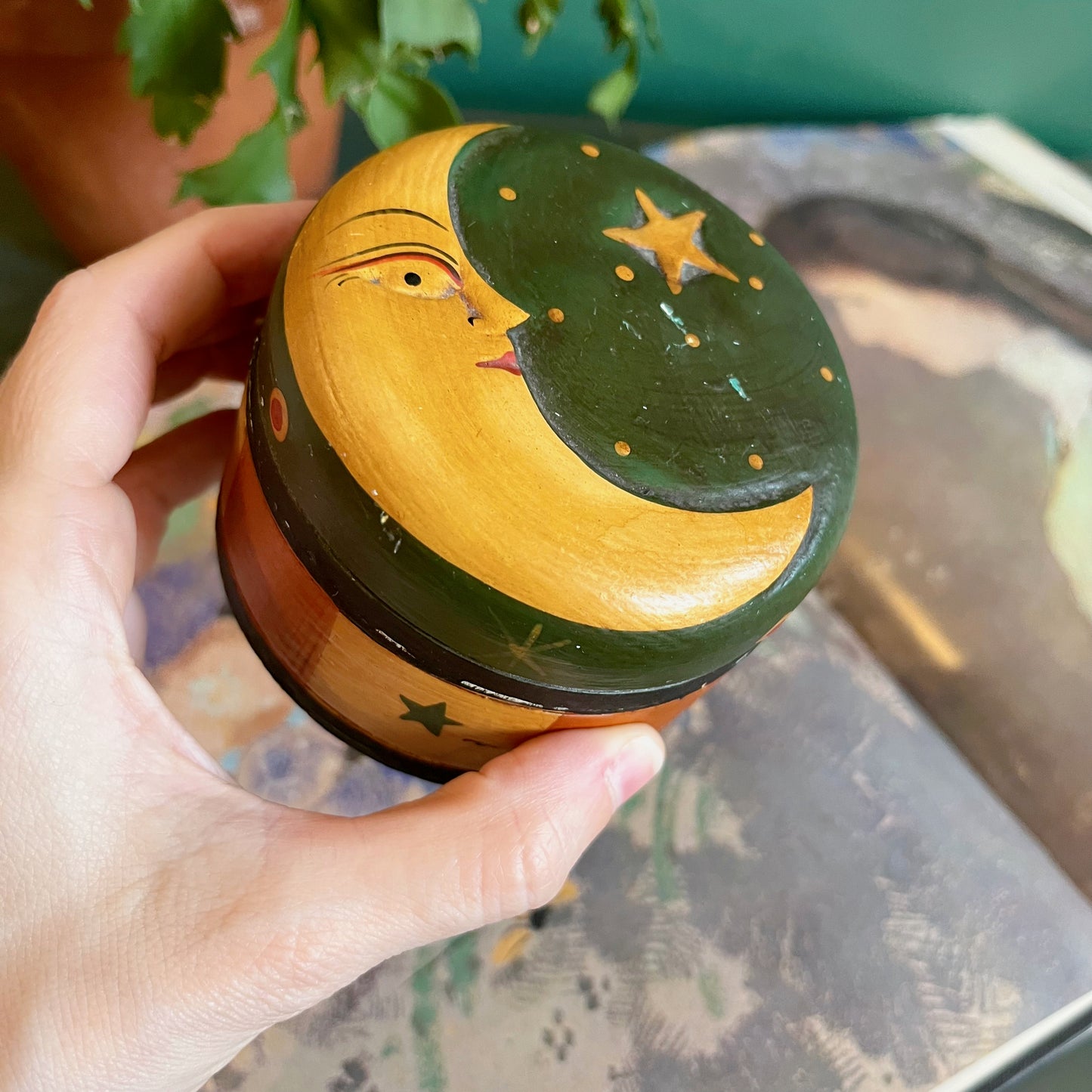 Painted moon wooden box with lid